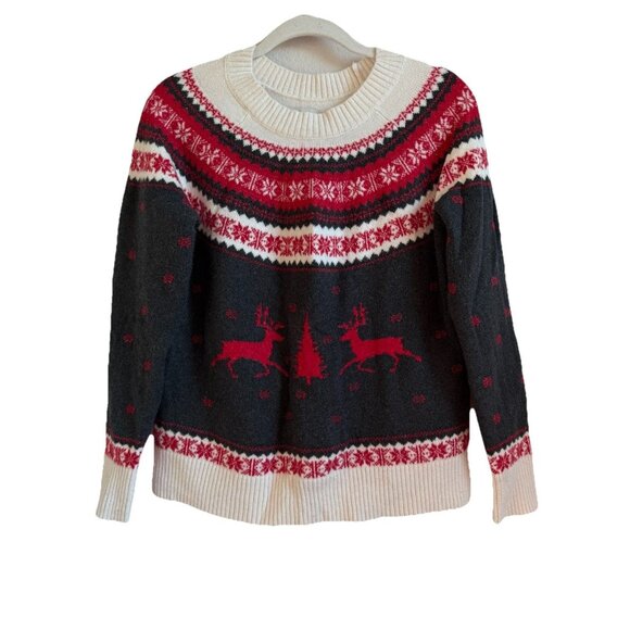 Loft Women’s Holiday Pullover Sweater Reindeer Fair Isle Petite Large Red Gray - Picture 1 of 12